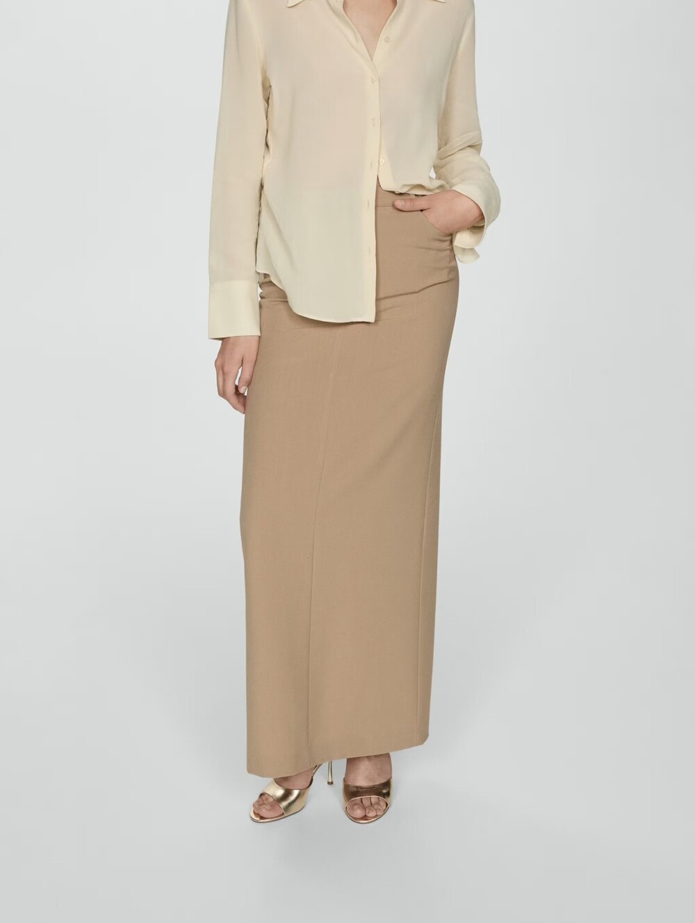 Mango Classic High-Waist Long Maxi Skirt in Camel Sz XL